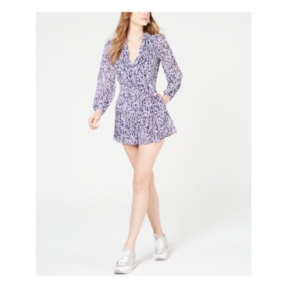 Purple Printed Long Sleeve V Neck Wrap Romper